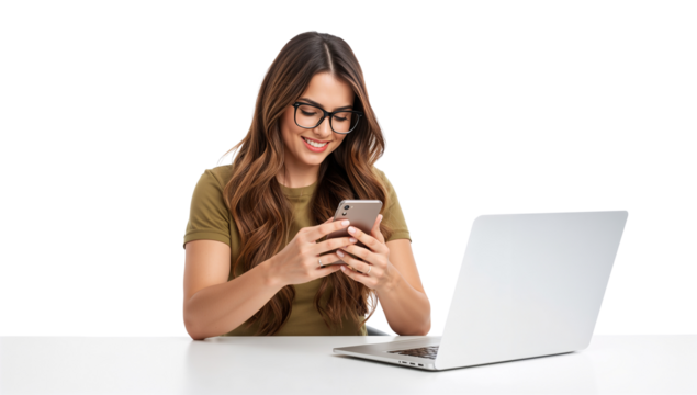 Smiling woman browsing her smartphone while sitting at a desk with a laptop