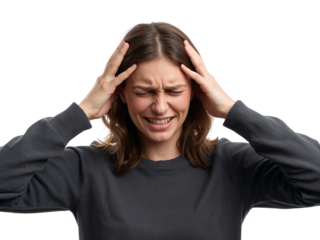 Woman expressing intense headache with hands on head against a neutral backdrop