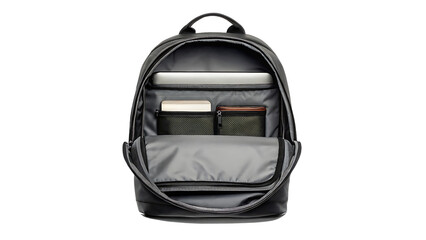 A backpack with open zipper and visible contents