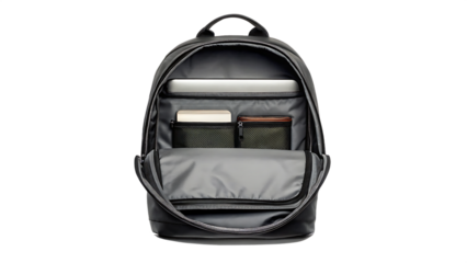 A backpack with open zipper and visible contents