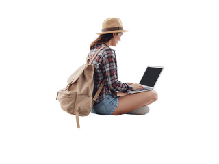 Young adventurer working remotely isolated on transparent backdrop creating seamless design