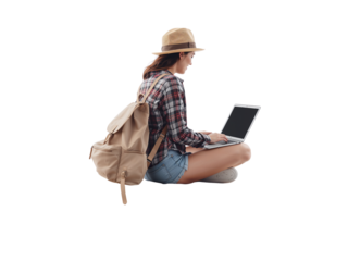 Young adventurer working remotely isolated on transparent backdrop creating seamless design