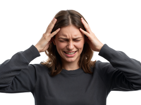 Woman expressing intense headache with hands on head against a neutral backdrop