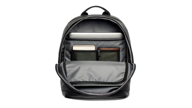 A backpack with open zipper and visible contents