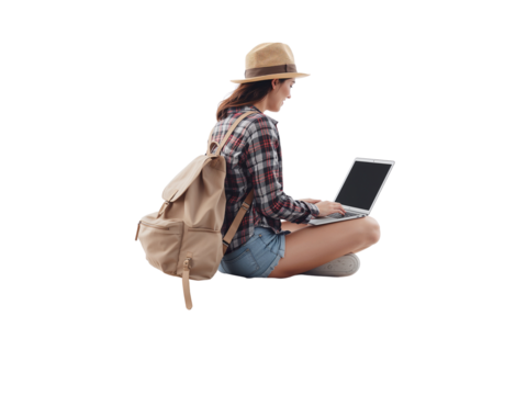 Young adventurer working remotely isolated on transparent backdrop creating seamless design