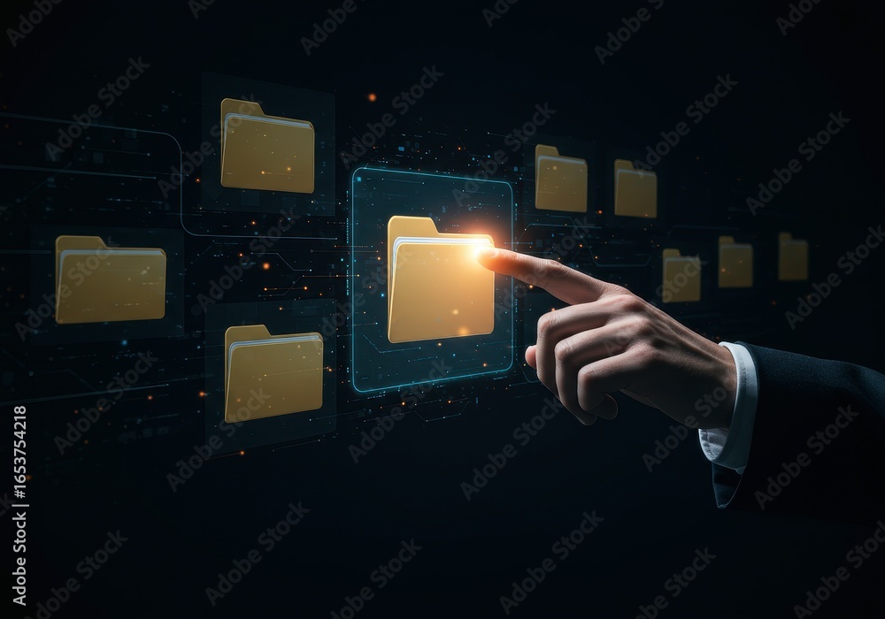 Aufkleber x-default hand pointing at a glowing folder icon on a futuristic interface