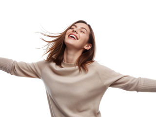 Radiant woman expressing genuine joy and freedom with a broad smile on transparent layout