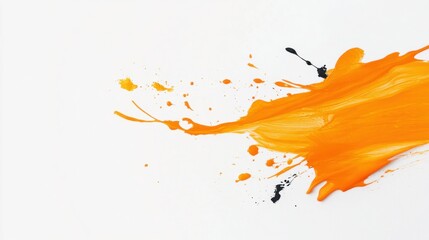 Vibrant orange paint splatter creates dynamic and energetic visual on clean white background, showcasing creativity and artistic expression. contrasting black accents add depth and interest