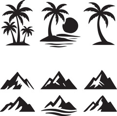 Obraz premium Palm Trees and Mountains in Minimalist Black and White Illustrations Showcasing Tropical and Alpine Landscapes with Simple Line Art Designs