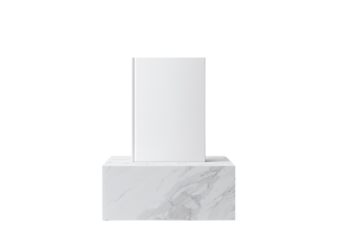 Minimalist pedestal presentation area with marble texture and blank white canvas backdrop space