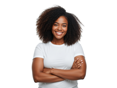 Confident young woman with beautiful smile and arms crossed on a clean background