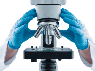 Gloved hands precisely adjusting a laboratory microscope for crucial scientific analysis with
