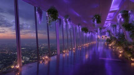 Futuristic city skyline illuminated by vibrant purple lights and hanging greenery at dusk