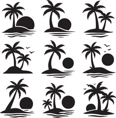 Fototapeta premium Coconut Tree Icon Set with Palm Trees, Rocks, and Island Shapes in Crisp Black Silhouettes on a White Background for Travel and Tropical Design