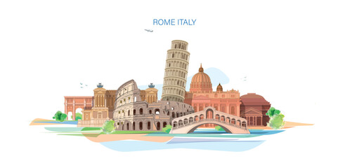 Plakat Italy Skyline view for the city vector illustration. Italy rome most popular buildings and landmark vetor illustration artwork. World tourism day