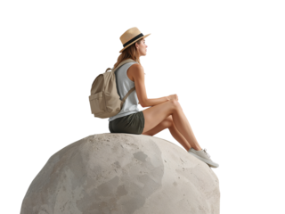 Young woman contemplating the future while seated on a symbolic lunar rock formation against