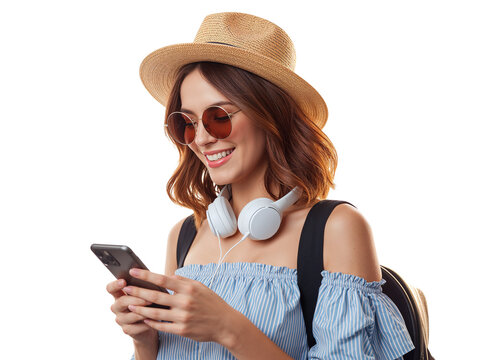 Smiling woman with hat and headphones engrossed in her phone on a transparent backdrop