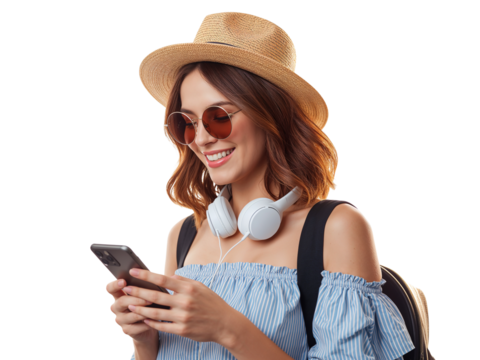 Smiling woman with hat and headphones engrossed in her phone on a transparent backdrop