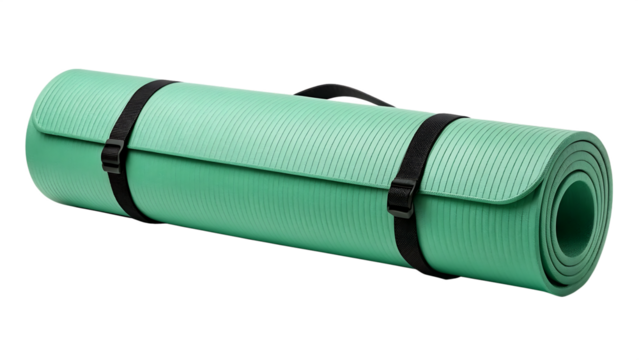 A yoga mat rolled with strap and texture visible