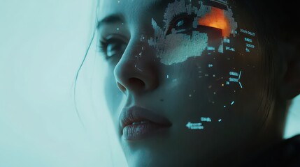 Close up of a woman's face with digital graphics overlayed and a teal color cast over the image