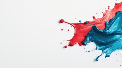 Vibrant splashes of red and blue paint create dynamic and artistic composition, showcasing beauty of color and creativity. fluid motion evokes sense of energy and expression