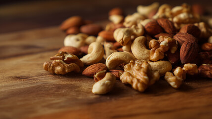 木のテーブルの上のアーモンド・カシューナッツ・くるみのミックスナッツ