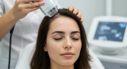 Fototapeta premium Dermatologist provides advanced hair follicle treatment to a woman, a medical solution for baldness, promoting hair growth and combating hair loss