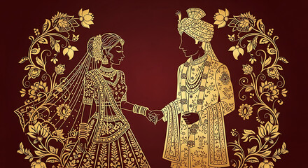 Golden Indian bride and groom in traditional wedding attire, encircled by ornate floral designs.