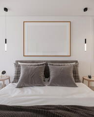 Mockup frame in a cozy bedroom interior with plush pillows and comfortable bedding on a luxury mattress, 3d render