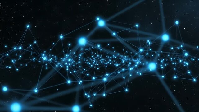 A network of glowing blue nodes connected by thin lines against a dark starry background