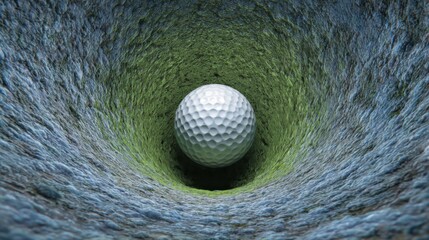 A white golf ball sits near the bottom of a golf hole, surrounded by textured earth and grass. Sunlight illuminates the scene, showcasing the smooth surface of the ball.