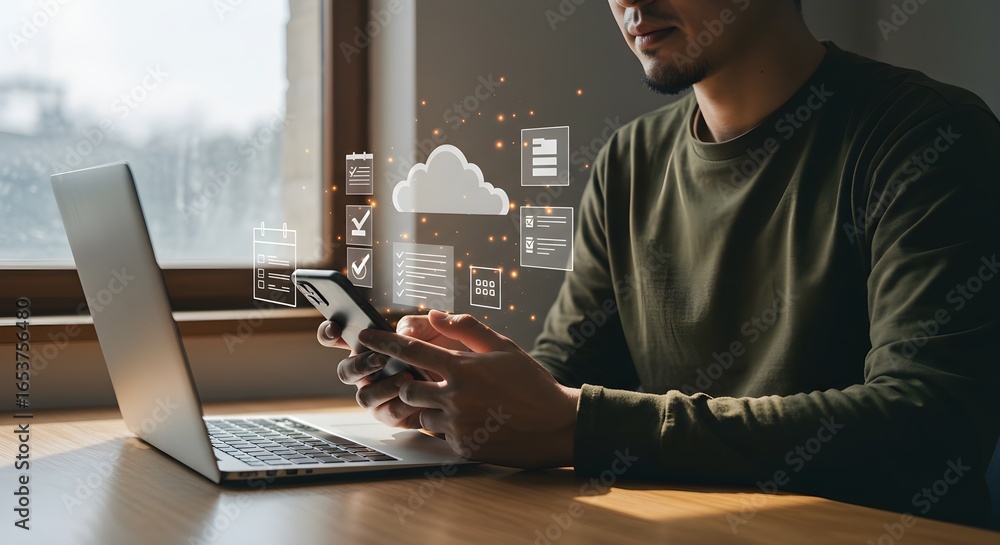 Poster man uses smartphone and laptop with cloud data icons and checklist digital interface
