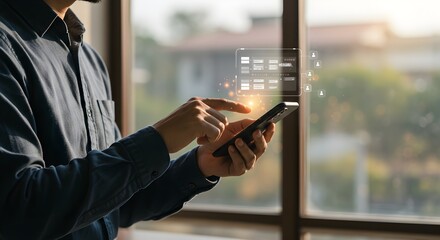 Man's hands using smartphone with holographic interface displaying data and user icons