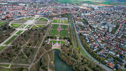 Aerial view around the old town of Schwetzingen in Germany in early spring for the cherry blossom season