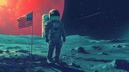Astronaut standing on a lunar surface with the american flag and a red planet in the background