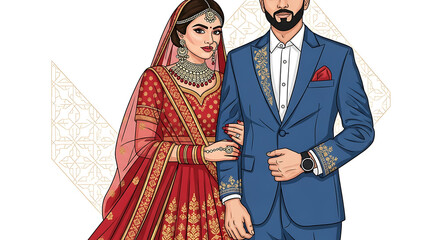 Elegant South Asian couple in wedding attire, posing together.