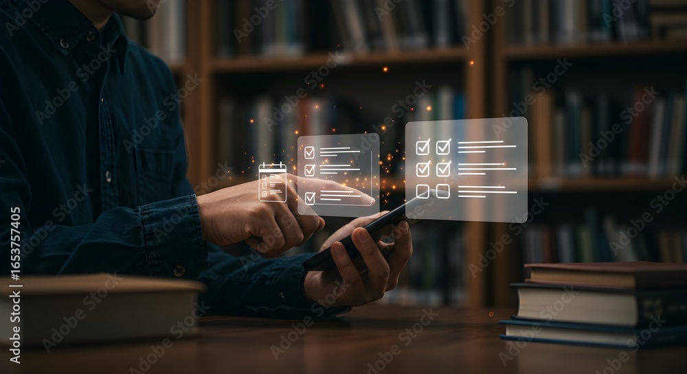 Aufkleber person using a smartphone with digital checklist and calendar interface in a library setting