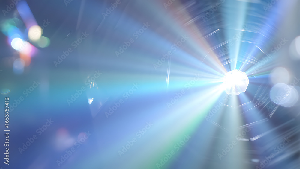 Poster vibrant blue and white laser light beams emanating from a central point creating a dazzling abstract