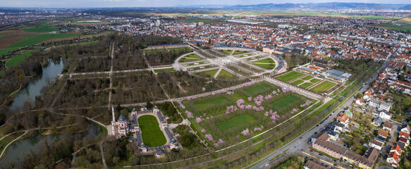 Aerial view around the old town of Schwetzingen in Germany in early spring for the cherry blossom season