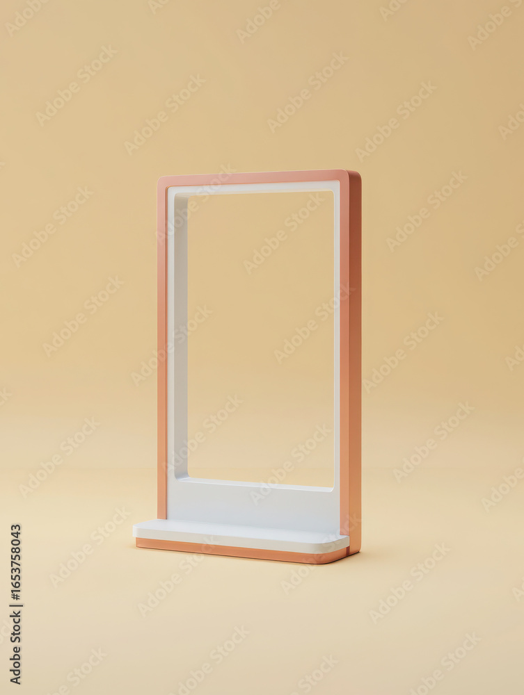 Poster a minimalist modern empty rectangular frame with a peach and white border and base, displayed agains