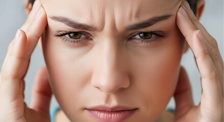 Fototapeta premium Woman experiencing headache, stress, or anxiety, holding temples, feeling overwhelmed and worried