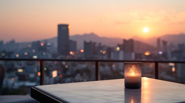 Rooftop candlelit dinner with city sunset view