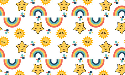A cheerful and cute seamless pattern featuring smiling suns, stars, and colorful rainbows with small dots. Perfect for kids' designs, wrapping paper, and cheerful backgrounds.