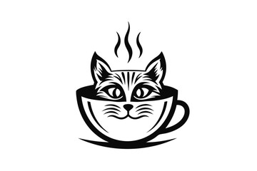 Cat Face Silhouette, Whiskers Illustration, Black and White, Coffee Logo