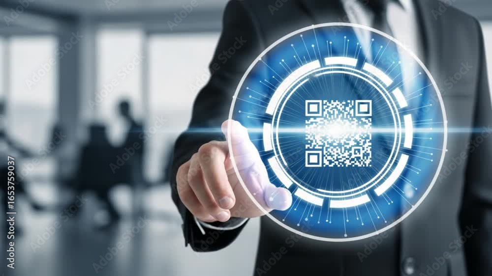Poster man in suit touching qr code with digital interface overlay in bright office setting for business us