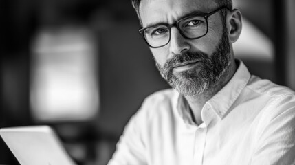 Obraz premium Focused businessman indoors, black and white portrait
