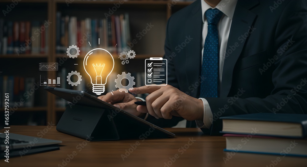 Poster businessman interacting with a tablet displaying an illuminated light bulb gears checklist and graph