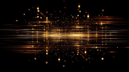 Obraz premium Bright golden light beams intersect with shimmering particles, creating an enchanting display. The dark background enhances the radiant visuals, evoking a sense of elegance and energy.
