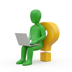 3D illustration of a green silhouette of a person, sitting playing on a laptop and leaning on a yellow 3D question mark, on a clean white background.