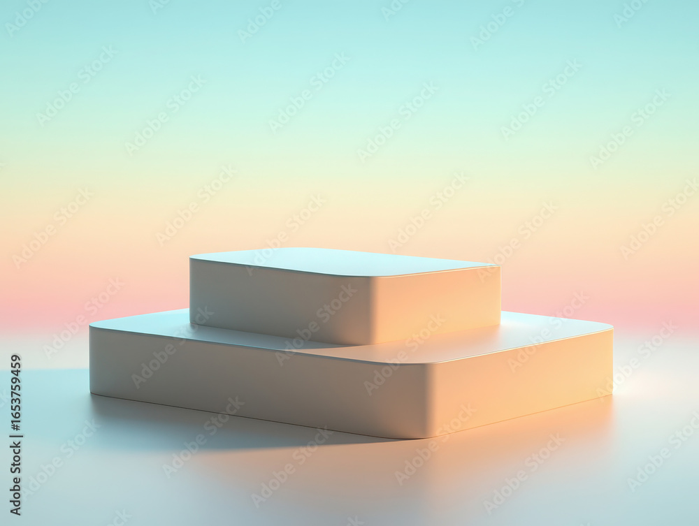Poster minimalist geometric display platform with rounded corners on a soft pastel gradient background, per